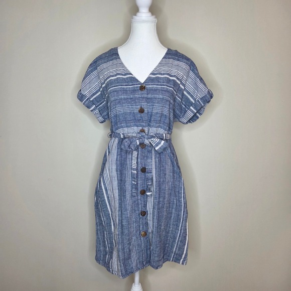 Carve Designs Dresses & Skirts - Carve Designs Blue White Striped Linen Cotton Button Front Belted Dress Medium